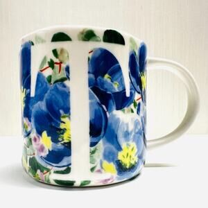 Anthropologie Dawn T Intial Monogram Letter Coffee Tea Mug Violets Flowers